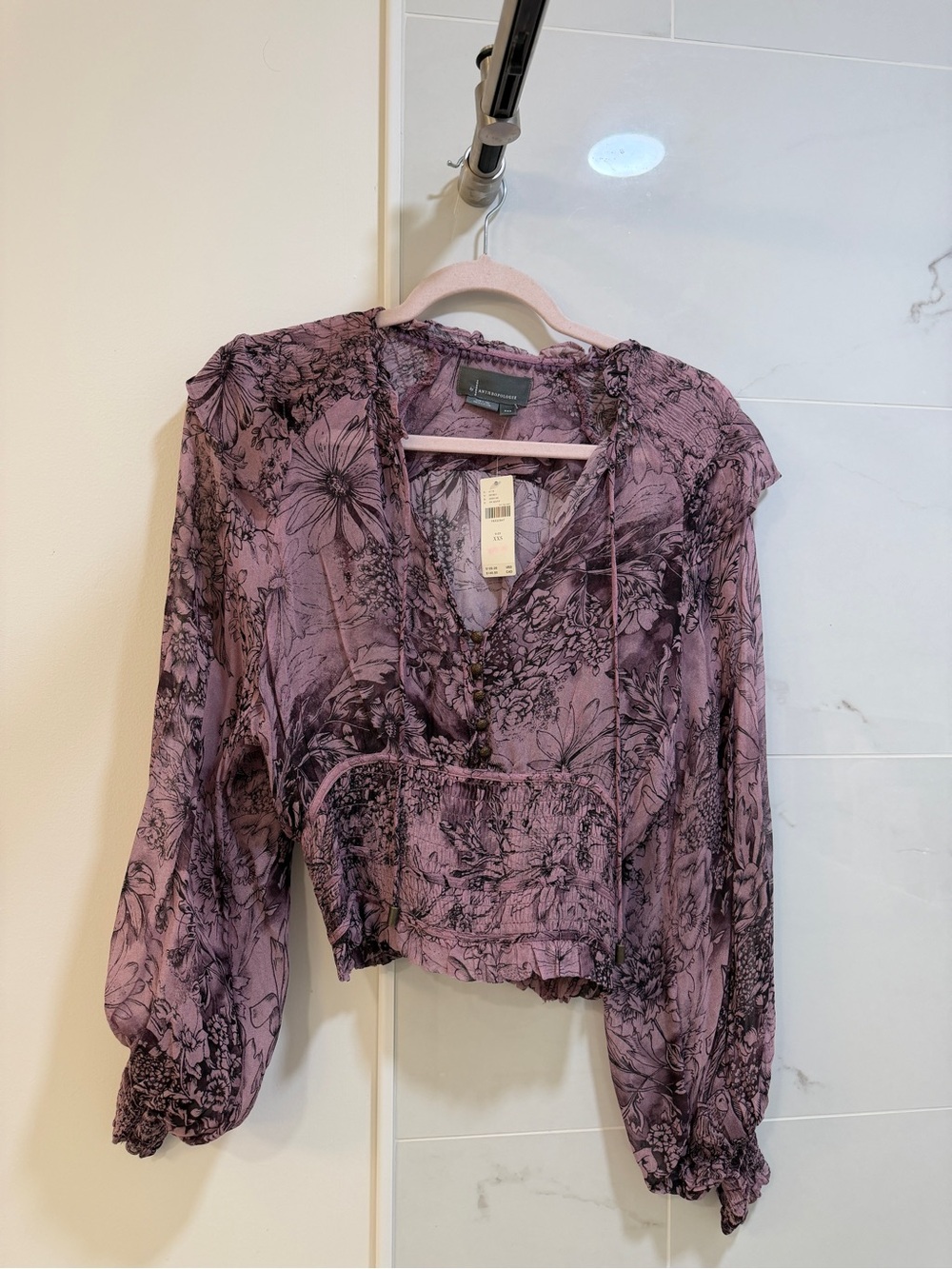 NWT Anthropologie Purple Floral Smocked-Waist V-Neck Blouse